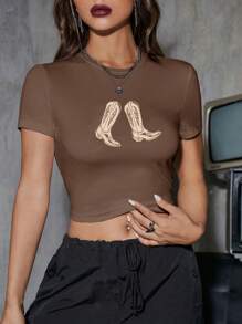 Casual Simple Boot Printed Round Neck Short Sleeve Slim Fit Crop Top T-Shirt For Women, Suitable For Summer