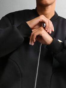 SUMWON Crop Fit Classic Full Zip Jersey Bomber Jacket With Side Pockets Minimalist Design Essential Lightweight Casual Fall Winter Streetwear Plain - Black - View 4