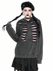 ROMWE Áo nỉ dài tay có mũ trùm đầu in hình đầu lâu khoét rỗng phong cách Gothic dành cho nữ, Halloween - Xám - Xem 7