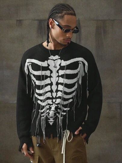 AXEPEAK Men's Skeleton Print Casual Loose Fit Sweater, Dark Style, Autumn, For Fall Winter