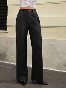 Jeanoix 女士时尚休闲街头十字绣Y2K PU裤 - 黑色 - 查看 3