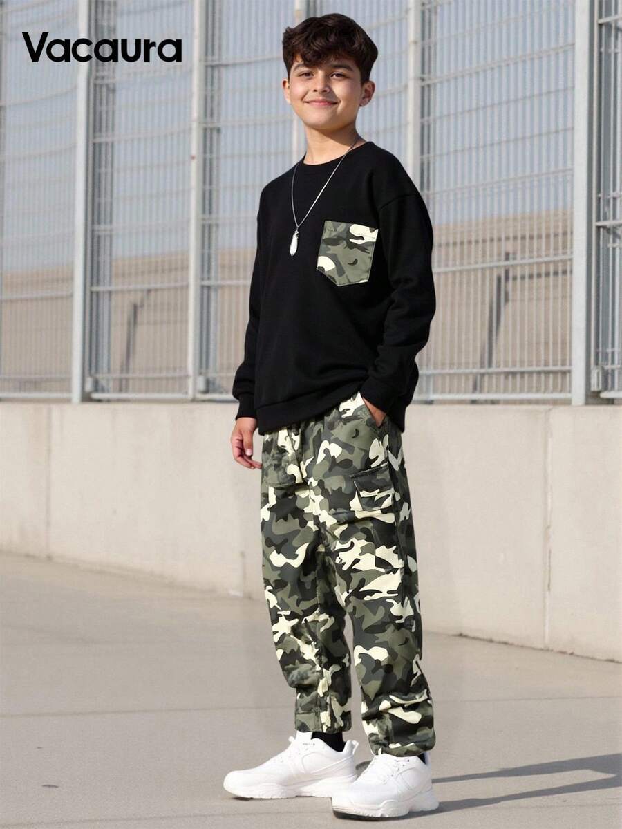 2pcs/Set Teenager Black Hoodie With Fashionable Camouflage Pocket Matched With Camouflage Cargo Pants, Suitable For Autumn/Winter Outdoor Sports Fall