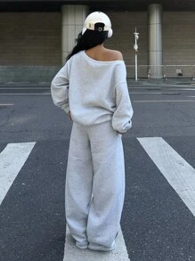 SHEIN EZwear 2 件女士休闲宽松宽领露肩运动衫和阔腿运动裤套装，复古亚利桑那印花，加厚，适合秋冬 - 灰色 - 查看 2