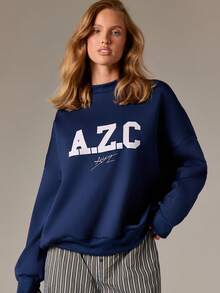 AiiRZ Oversized Collegiate Letter Print Sweatshirt AZC Logo Pullover Autumn Winter Casual Streetwear Long Sleeve Crew Neck Jumper - Blue - View 4