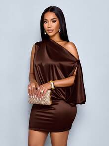 SOLERSUN Women's Elegant Asymmetric Collar Satin Bodycon Mini Dress For Women - Coffee Brown - View 4