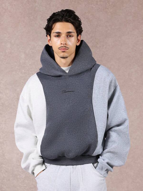  SUMWON 短款修身超大号撞色连帽卫衣，抽绳拼接设计，对比色拼接，秋冬春装街头时尚纯色