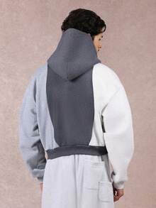 SUMWON 短款修身超大号撞色连帽卫衣，抽绳拼接设计，对比色拼接，秋冬春装街头时尚纯色 - 彩色 - 查看 2