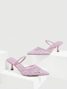 CUCCOO SZL Women's Pink Rhinestone Embellished Pointed Toe Chunky Heels Pumps - Pink - View 2