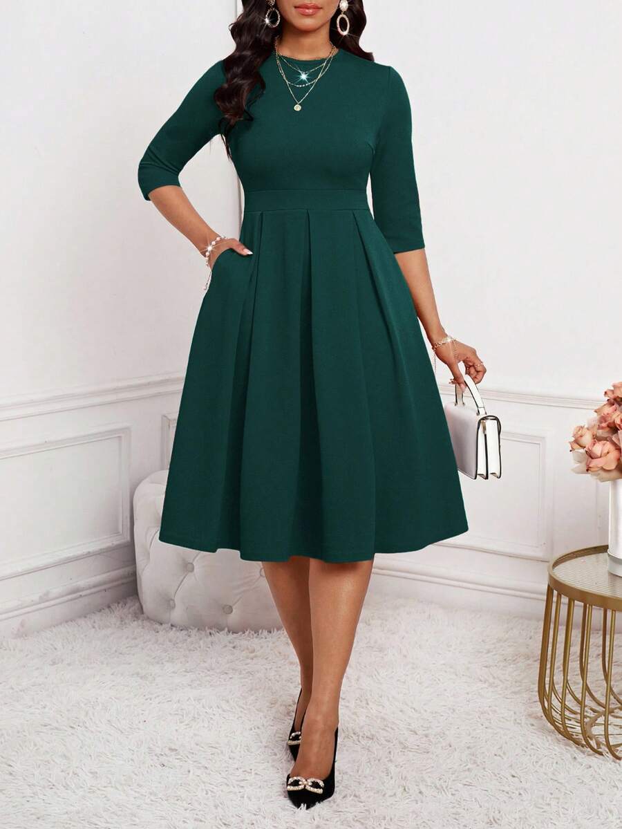 SHEIN Lady 春夏秋冬优雅办公室派对新年女士连衣裙 - 墨綠色 - 查看 1