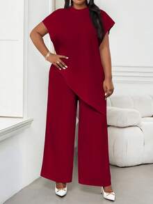SHEIN Lady 2025 New Plus Size Women Solid Claret Metallic Round Neck Loose Asymmetric Hem Elegant Claret Blouse, Valentine's Day New Year Party Going Out