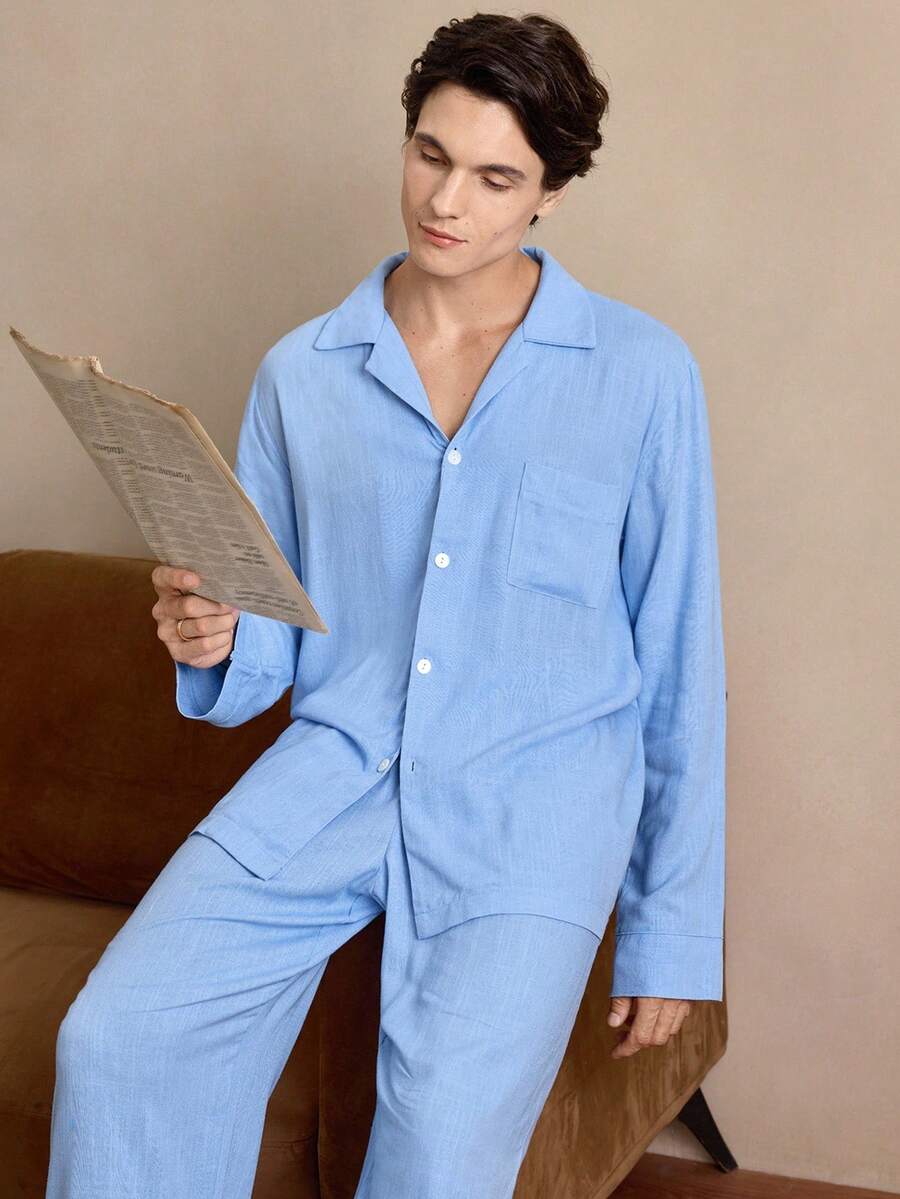 EverLounge Gentleman Vintage British Style Old Money Pattern Pajamas Set For Men - Blue - View 1