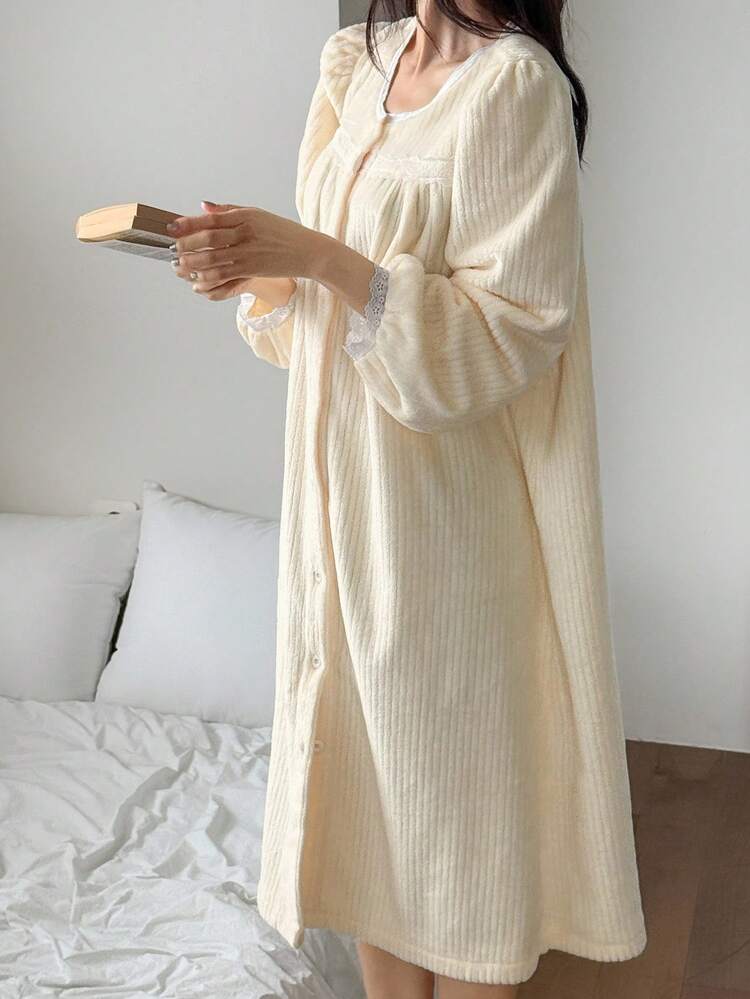 Women's Striped Fuzzy Ruffle Trim Puff Sleeve Loungewear Dress, Winter, Fall Fluffy Pajama, Cozy Outfits, Moo Moo Night Dress