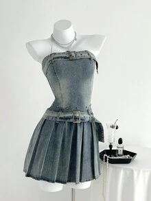 Elamini 女式休闲束带褶饰紧身牛仔连衣裙 - 藍色 - 查看 4