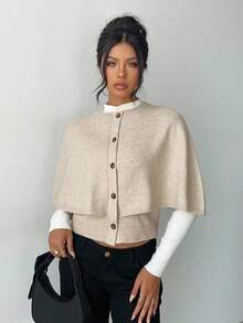 Elenzga Women's Poncho Button Elegant Batwing Knit Cardigan Sweater - Khaki - View 7