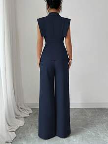 Elenzga Women's Elegant Casual Suit Set With Collared Sleeveless Blouse And Elastic Waist Pants, Suitable For Work, Vacation, Afternoon Tea, Party, Spring/Summer - Navy Blue - View 2