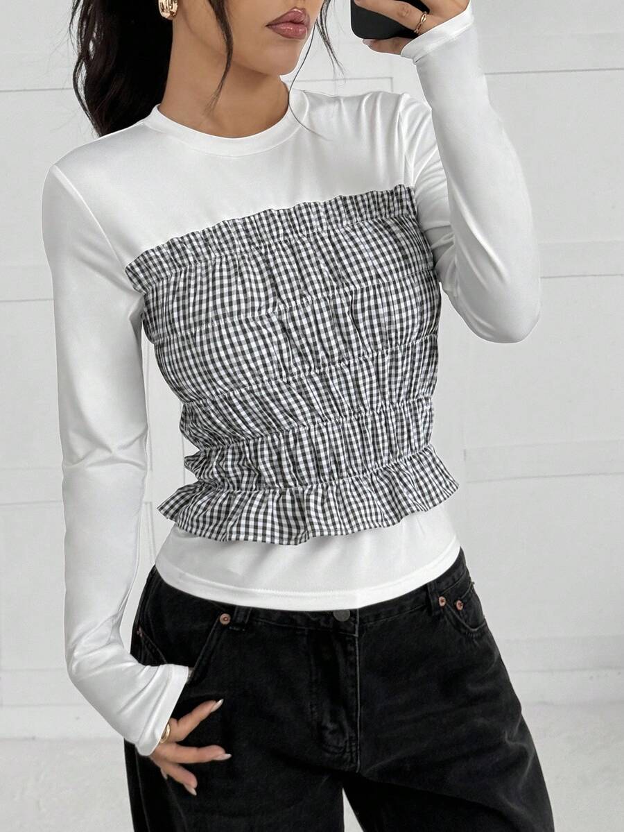 SHEIN EZwear 休闲格纹拼布二合一T恤,春秋季 - 彩色 - 查看 1