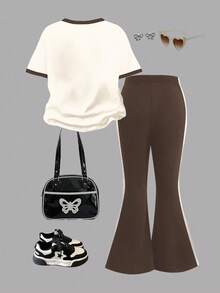 SHEIN 复古街头运动学院风奶油棕色豹纹 98 图案，青少年女孩休闲宽松圆领短袖 T 恤和喇叭裤两件套，适合夏季，夏季服装，轻松舒适，儿童秋季分层，时尚儿童，休闲装，女孩图案服装，返校，秋季服装，返校节 - 白色 - 查看 2