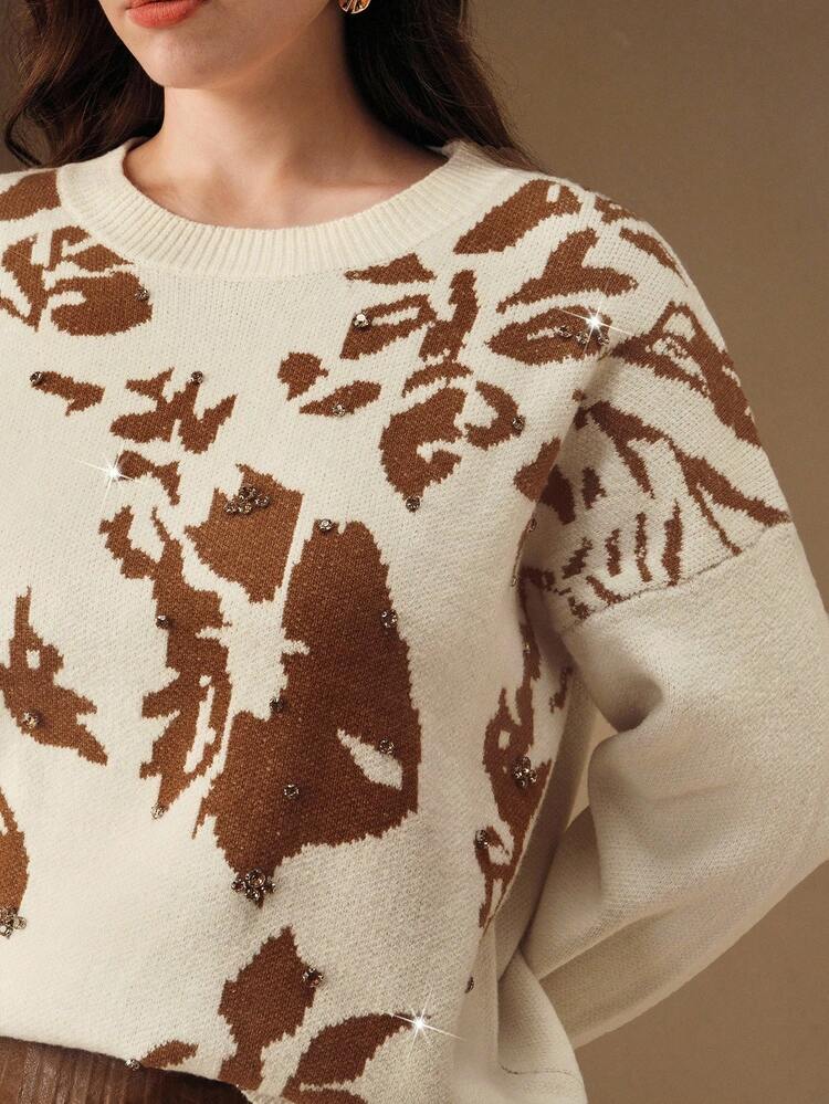 Plus Size Loose Round Neck Drop Shoulder Long Sleeve Jacquard Rhinestone Embellished Plus Size Women's Leopard Print Winter Sweater