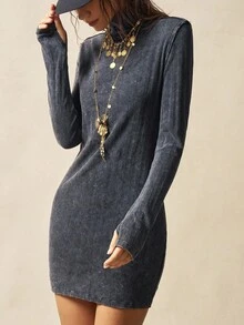 Bohemela Casual Solid Color Knit Turtleneck Long Sleeve Mini Dress For Women - Black - View 4