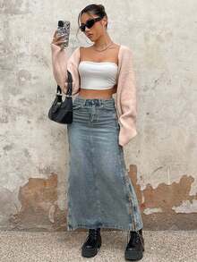 EURMUSE Y2K Grunge Drop Shoulder Open Front Crop Cardigan Without Tube Top - Coral Pink - View 6