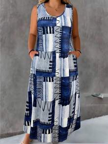EMERY ROSE Plus Size Round Neck Casual Printed Knit Dress - Multicolor - View 6