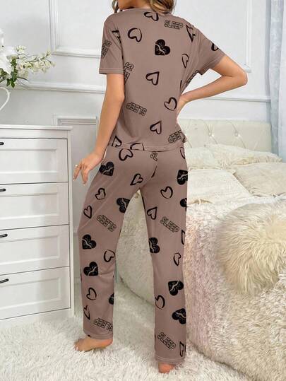 Heart Print Round Neck Short Sleeve Top Pants Pajama Set Bruin Sets Women Comfy Sleep Wear Pieces Lips Pj view 2