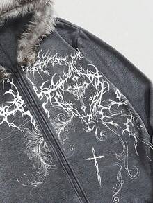 ROMWE MEN Goth Men's Autumn Cross Print Zip-Up Patchwork Faux Fur Hooded Casual Sweatshirt