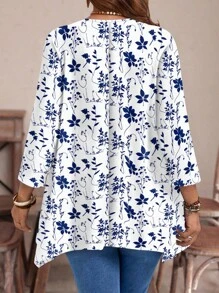 EMERY ROSE Áo thun cổ tròn tay 3/4 họa tiết hoa xanh trắng cỡ lớn dành cho nữ, dáng rộng, viền bất đối xứng, thường ngày - Nhiều màu - Xem 2