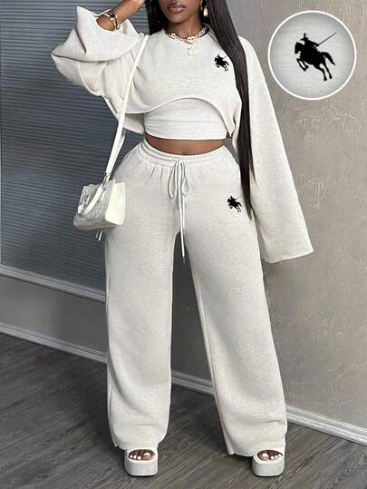 2025fall/Winter/Fall Clothes For Women/Winter Clothes For Women/Slaydiva 3pcs/Set/Y2K CLOTHES/Going Out/Streetwear/Back To School/Tube Tops/Sweatshirts/Sweatpants/Women Casual Basic Plain Long Sleeve Cropped Top, Camisole And Wide Leg Pants Suit Autumn And Winter/Knight Print