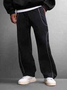 SUMWON 宽腿黑色尼龙运动裤，带反光对比滚边，运动休闲街头服饰，四季宽松下装，时尚都市服饰 - 黑色 - 查看 4