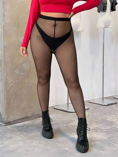 SHEIN EZwear 大码女士情人节黑色爱心图案网纱透视连裤袜，休闲日常穿着，春夏款