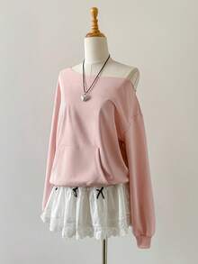 Elamini Sudadera deportiva casual con cuello asimétrico, bolsillo, puños y bajo acanalados en color rosa, manga larga, ideal para graduación, maestros y vuelta al cole en otoño - Rosa - Ver 5