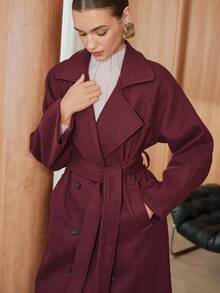 Glisette Manteau long minimaliste élégant à coupe droite de couleur unie à manches longues pour femmes, automne/hiver - Rouge foncé - Voir 7