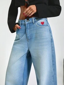 EURMUSE Hıgh Waist Embroidery Detailed Wideleg Jean - Light Wash - View 3