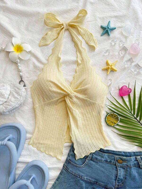 Soleia Fashionable Sexy Halter Tie-Up Twisted Hem Slit Open Back Camisole