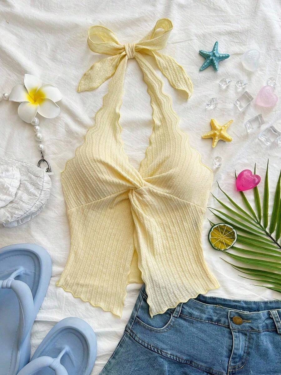 Soleia Fashionable Sexy Halter Tie-Up Twisted Hem Slit Open Back Camisole - Yellow - View 1