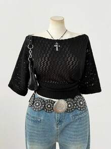 SHEIN CURVE+ 大码女式时尚优雅深色 Y2K 风格短袖针织上衣，适合春夏秋装、通勤、室内/室外、度假，馈赠佳品 - 黑色 - 查看 6