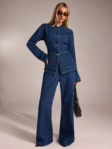 Avantive Fall&Winter Halloween Christmas New Year Going Out Graduation Prom Elegant Formal Luxury Chic Business Casual Birthday/Office Outfits/Country Concert/Club Outfits Sexy/Western/Work Clothes/Streetwear/Vintage/Festival/Cocktail/Rave/Prom/Hawaii/Airport/Funny/Basic/Brunch Outfits/2000s Style/Bodycon/Old Money Style/Church/Homecoming/Classy/Party/Modest/Date Night/Autumn/Winter/Single-Breasted Denim Top/Coat/Jeans/Blue Washed Low Rise Baggy Wide Leg Cowgirl Jeans/Denim 2ps Outfit - Blue - View 4