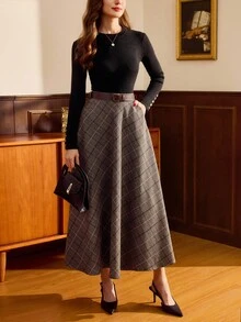 Vintamour 复古优雅女士半身裙，带口袋，格子腰带，休闲度假裙，适合秋季、冬季和圣诞节穿着。 - 棕色 - 查看 2