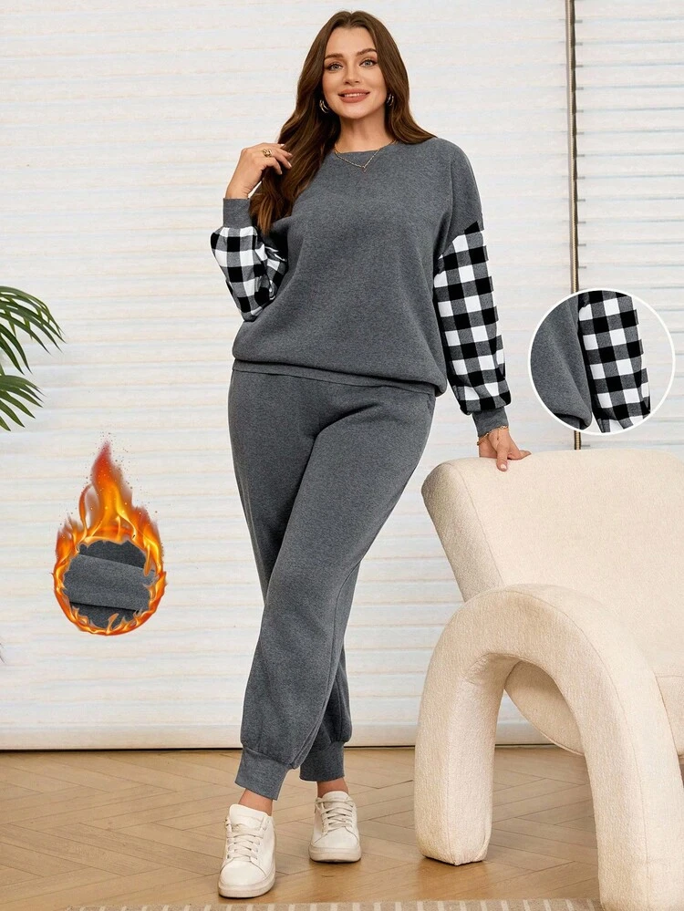 2pcs Plus Size Contrast Color Plaid Round Neck Drop Shoulder Casual Fleece Sweatshirt And Sweatpants Set Two Piece Set Women Comfy  2 Piece Lounge Sets Woman Fall Clothes For Women  Winter Clothes Jogging Suit Sportswear Women's Sport Set  Jogging Set Women's Sport Set