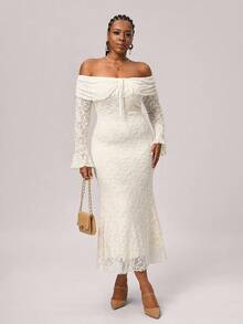 SHEIN Tall CURVE Damen Große Größen Off-Shoulder Langarm Bodycon Kleid mit Vorderbindung, Silvester Kleid für Frauen - Beige - Übersicht 7