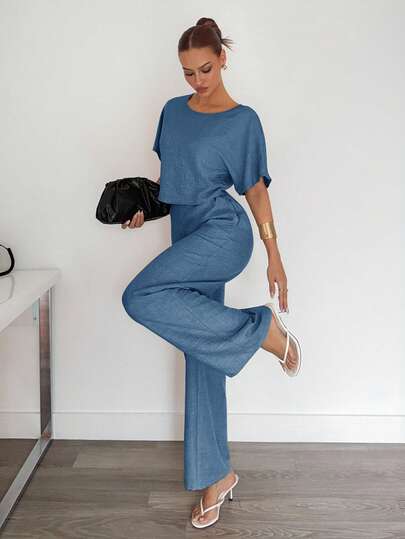 Siren Gaze 2pcs Women Solid Color Pleated Shirt And Pants Casual Suit Summer