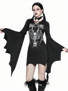 ROMWE Goth Rochie de Halloween cu imprimeu floral, stil gotic, culoare solidă, casual, la modă, cu mâneci evazate, decolteu în V, cu nod, model aripi de liliac, mulată, pentru femei - Negru - Vizualizare 5