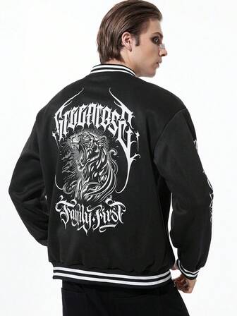 Goth Giacca casual da baseball monopetto con stampa di lettere e tigre, manica lunga, per uomo, autunno