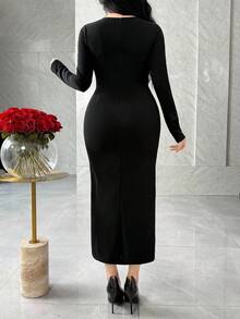 Modelyn Women's Rhinestone Bow Decor Long Sleeve Side Slit Hem Fitted Elegant Dress - Black - View 6