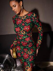 Glamance Umamao Estudio Women's Eye & Floral Print Fitted Long Sleeve Dress Winter Chic Stylish Clothing Collection New Year