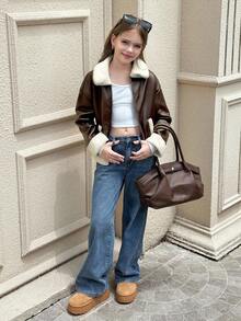 SHEIN Áo khoác biker cổ cao chất liệu PU tổng hợp, lót nhiệt màu tương phản, thời trang dạo phố mùa thu/đông cho bé gái tuổi teen, thích hợp mặc hàng ngày vào mùa thu/đông - màu nâu - Xem 2