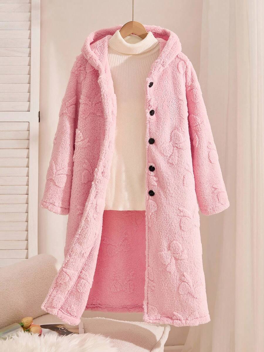 女童休闲可爱蝴蝶结领保暖羊毛纽扣夹克，适合秋冬季家居和日常穿着 - 粉色 - 查看 1