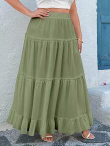 SHEIN MOOSTA Plus Size Women Elegant Vacation Ruffle Hem Solid Color A-Line Skirt - Army Green - View 5