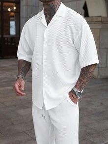 Manfinity Homme 男士泡泡格提花短袖衬衫 + 抽绳松紧腰裤套装，男士休闲约会度假派对居家出游百搭款式，送给男朋友或丈夫的最佳礼物 - 白色 - 查看 7